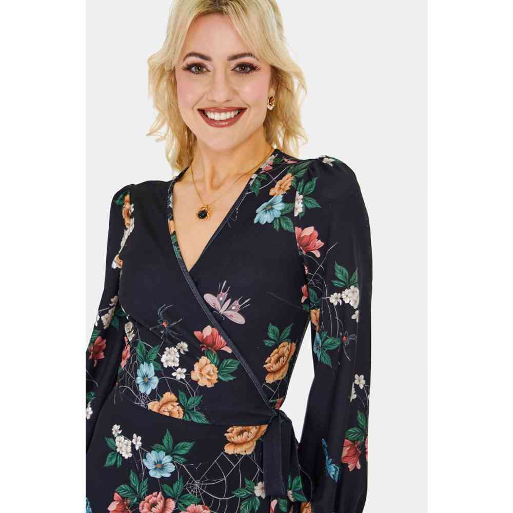 Voodoo Vixen - Floral Moth Web Midi Wrap Wikkeljurk - Zwart
